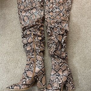 PrettyLittleThing Brown Snakeskin Over the Knee Boots